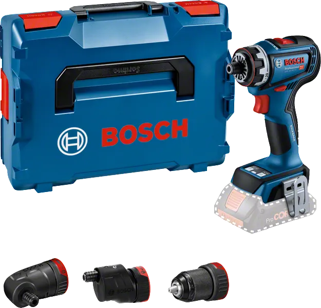 Bosch GSR 18V-90 FC boremaskinesæt med fire tilbehør.